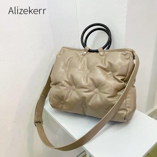 Pleated Cotton Down Feather Tote Bag 2021 New Korean Ring Handle Soft PU Large Capacity Ladies Handbags Female Big Shoulder Bag