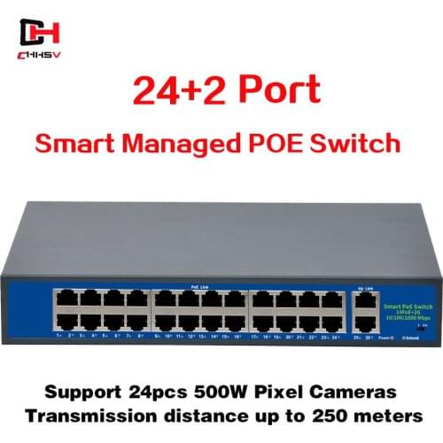 52V Network POE Switch Ethernet 10/100/1000Mbps 24ports IEEE 802.3af/at Suitable for IP camera/Wireless AP/CCTV camera 250m
