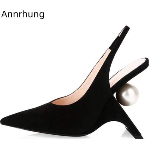 Beading Fretwork Heel Pumps Women Sexy Pointed Toe Back Strap Strange Heel Pearl High Heel Summer Wedding Shoes