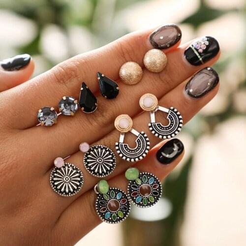 Multi Designs 6paris/card Vintage Bohemian Women`s Stud Earrings Pack