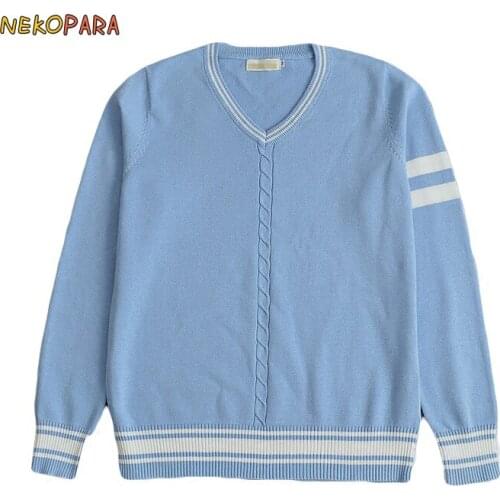 Preppy Style Womens Unisex V-Neck Winter Sweater Blue & White Lines Japanese School JK Uniform Long Sleeve Sweater