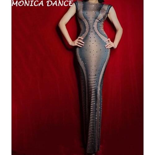 Women Sexy Stage Rhinestones Spandex Print Sleeveless Long Dress Nightclub Birthday Party Celebrate Outfit Women Dance Dress