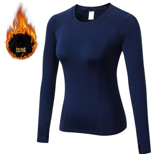 Fleece Lined Winter Womens Long Sleeve T-shirt O-Neck Thermal Compression Shirt Elastic Warm Fitness Running Yoga Tops