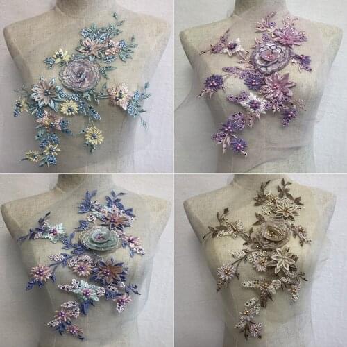 1Pc 3D Appliqued Lace Patches, Beading Lace Embroidery Lace Flowers For Evening Gowns, Dresses Decoration, Wedding Lace