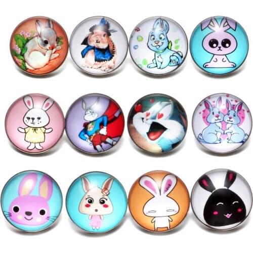 12pcs/lot Lovely Rabbit Theme 18mm Glass Snap Button Charms For 18mm Snaps Bracelet Snap Jewelry KZ0648