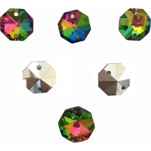 125pcs/lot 14mm Rainbow Crystal Glass Octagon Beads In 2 Holes Free Shipping Crystal Chandelier Beads