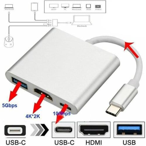 3 in 1 Portable Type-C Male to USB-C USB 3.0 4K HDMI Female Hub Adapter Cable for huawei Samsung ABS Aluminium Alloy