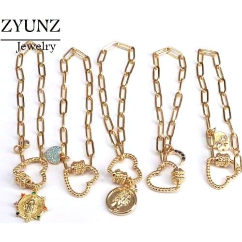 6PCS, Carabiner Bracelet, CZ Micro Pave Charms Bracelet, Screw Heart Clasp Bracelet, CZ Micro Pave Chain Link Bracelets