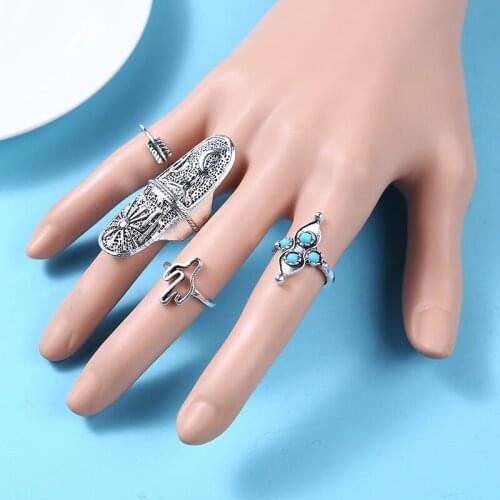 9 pcs/set Retro Sliver Color Rings Bohemian Totem Set Vintage Carved Pattern Flower Finger Ring Punk Style Women Jewelry