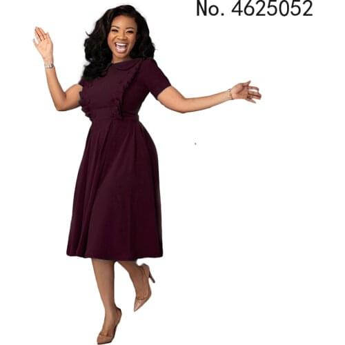 African Dresses for Women Doll Collar Mid-Length Afirca Lady Clothes Solid Color High Waist Basic Temperament Commute Dress