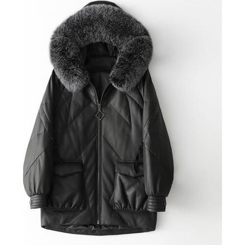 Autumn Formal New Mid-Length Sheep Skin Down Jacket Winter Black Loose Fox Fur Hooded Zipper Woman Coat with Pockets