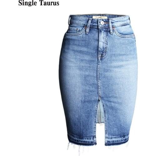 High Waist Jeans Skirts Womens England Style Office Lady Faldas Mujer Moda Vintage Denim Blue Ropa Mujer Tassel Split Midi Skirt