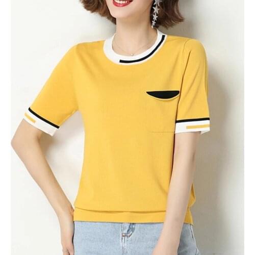 GGRIGHT 2021 Knitted Short Sleeve Tshirt Women Summer Casual Korean Fashion Womens Clothes Loose Patchwork Tops Tee Shirt Femme