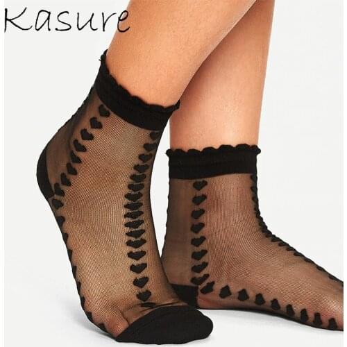 KASURE Transparent Jacquard Heart Ankle Socks For Women Spring Summer Cool Cute Pattern Socks Ladies Sexy Nylon Mesh Sock