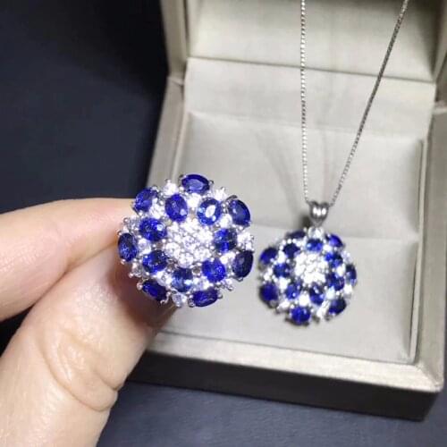 Natural sapphire suit, 925 silver, flower style, beautiful design, good wearing effect