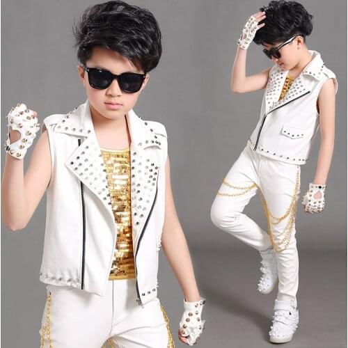 Boys Jazz Dance Costumes Gold Vest Leather Pants Jacket Suit Children Chorus Stage Outfits Chorus Performance Costume DQS2781