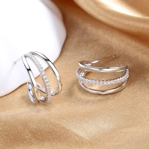 Trendy C-shape Stud Earrings Shiny Crystal Paved Multilayer Geometric Earring Piercing Stud Jewelry Female Wedding Earrings Gift