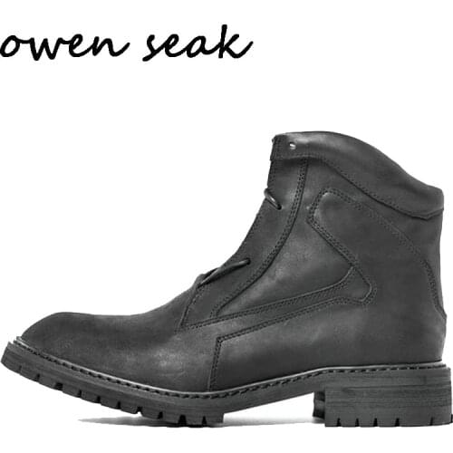 Owen Seak Men Shoes High Ankle Luxury Trainers Genuine Leather Riding Winter Snow Boots Casual Brand Lace Up Flats Black Shoes