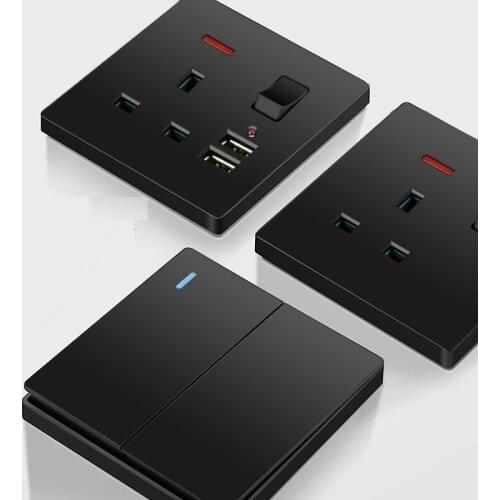 UK Standard Pure Black Wall Switch Wall Socket 1Gang 2Gang 3Gang 4Gang 1Way 2Way TV Doorbell CAT6 Computer Socket