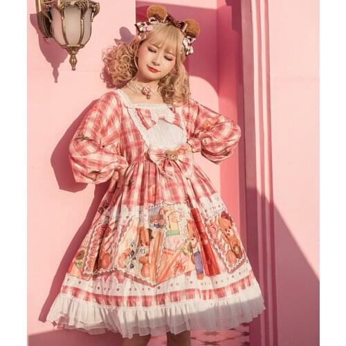 Kawaii Lolita Op Dress Princess Long Sleeve Sweet Cosplay Japanese Cute Girl Anime Harajuku Square Collar Pink Lace Maid Dresses