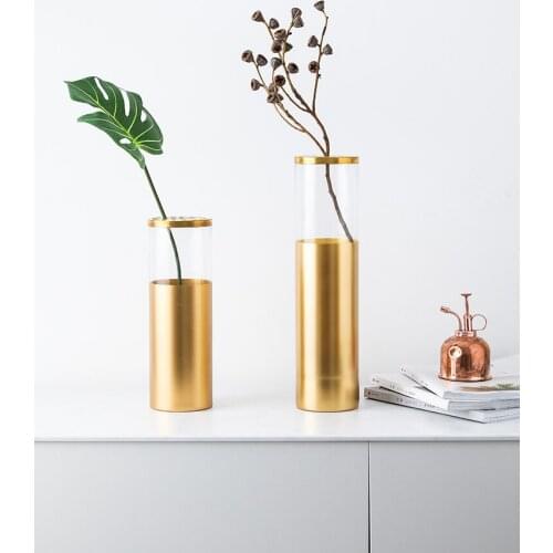 Golden glass straight vase flower hydroponic bottle countertop ornaments jewelry with metal cover