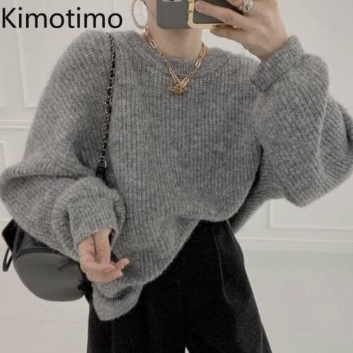 Kimotimo Autumn Solid Pullover Women Korean Chic Simplicity O-neck Lazy Loose Sweater All-match Long Sleeve Split Knit Tops