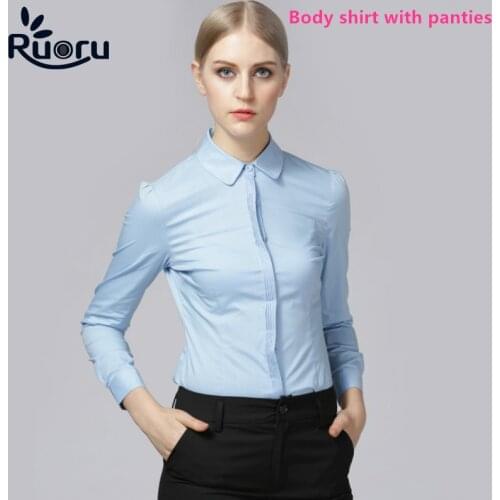 Ruoru Elegant Bodysuits for Women Office Lady Work White Body Shirt Long Sleeved Bodycon Fashion Tops and Blouses Female Clothes