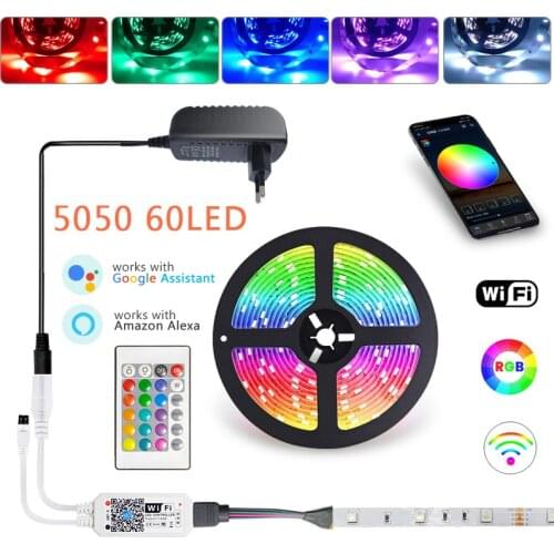 Smart WiFi LED Strip Light 5M 10M 15M RGB 5050 60LED Luces Led Light Strip Flexible Ribbon + WiFi Controller + Power Adapter EU