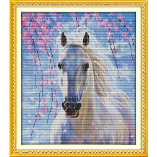 Everlasting Love White Horse (2) Chinese Cross Stitch Kits Ecological Cotton Stamped Printed DIY New Year Decorations For Home