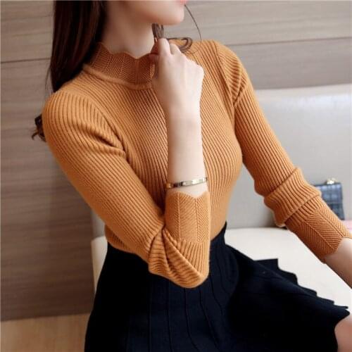 2018 Korean Fashion Women Sweaters and Pullovers Sueter Mujer Ruffled Sleeve Turtleneck Solid Slim Sexy Elastic Women Tops