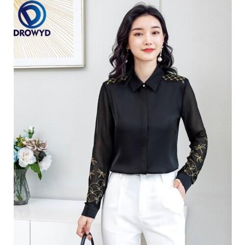 Women Spring Autumn Style Chiffon Blouses Shirts Lady Embroidery Long Sleeve Turn-down Collar Lace Decor Blusas Tops DROWYD 2021