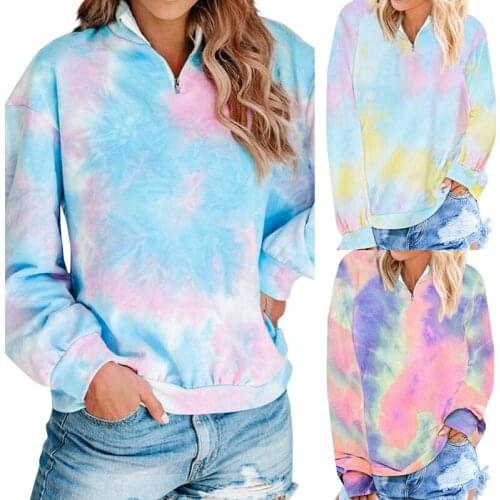 Womens Hoodies Multicolor Casual Long Sleeve Round Collar Sweatshirt Loose Printed Tops Tie Dyeing