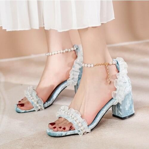 2021 Womens Summer Sandals Crystal Style String Bead Thick Heels Sandalias Female Fashion Sweet Shoes Ladies Party Shoes