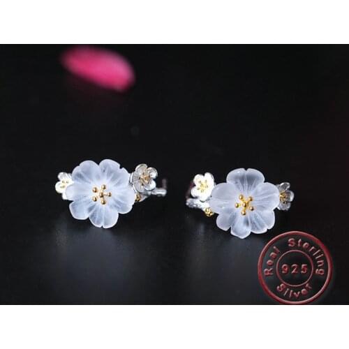 Amxiu Handmade 925 Sterling Silver Earrings Natural Crystal Plum Flower Stud Earrings For Women Girls Ear Piercings Accessories