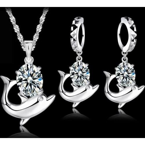 Fashion Austrian Crystal Jewelry Set 925 Sterling Silver Sweet Dolphin Pendant Necklace Loop Earrings Sets for Women