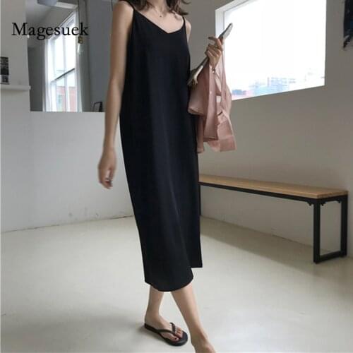 Summer Dresse New Loose Sleeveless Women Maxi Dress Solid Color Sexy V-neck Sling Long Black Party Dress Vestidos Mujer 13351