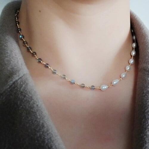 Lii Ji 925 Sterling Silver 14k Gold Plated Real Pearl Necklace Baroque Pearl Labradorite Handmade Boho Necklace Women Jewelry