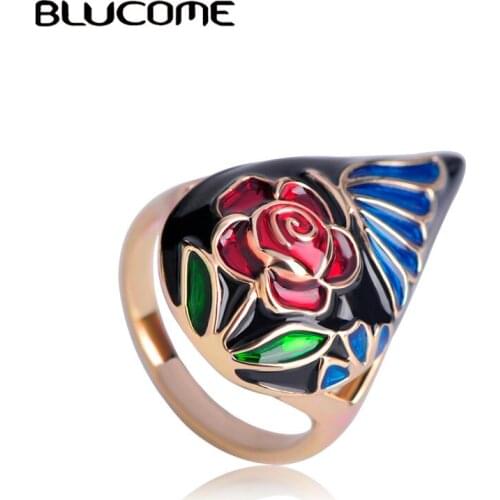 Blucome Rose Flower Shape Vintage Ring Black Enamel Jewelry For Ladies Girl Wedding Gifts Ceremony Party Accessories