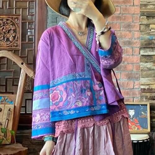 Johnature Cotton Linen Embroidery Patchwork Vintage Women Coats Autumn 2021 New Short Coats Loose Retro Vintage Belt Coat