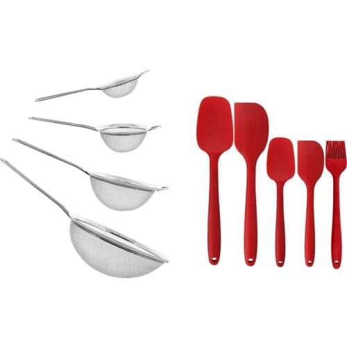 4 Pcs. Colander Strainer Colander Strainer Set 7/12/16/22 cm with 5 Piece Non-Stick Heat Silica Gel Spatula Set