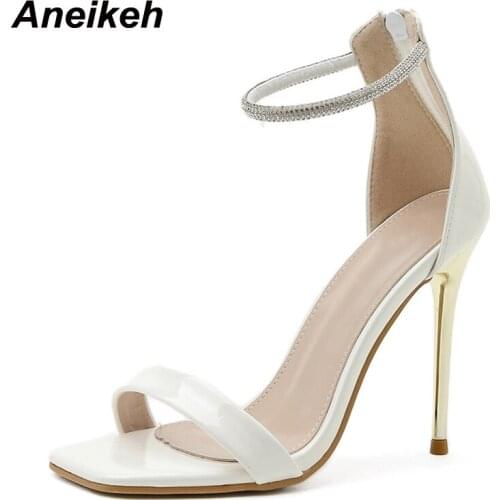 Aneikeh 2021 New PU Sandals Simple And Generous Women Sexy Summer Bling Stiletto Heels Pumps Shoes Concise Party Ankle-Wrap ZIP