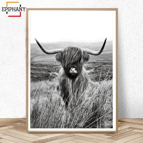 Black and White Highland Cow Print Farmhouse Decor Wall Art Canvas Painting Animal Large Posters Living Room Bedroom Pictures