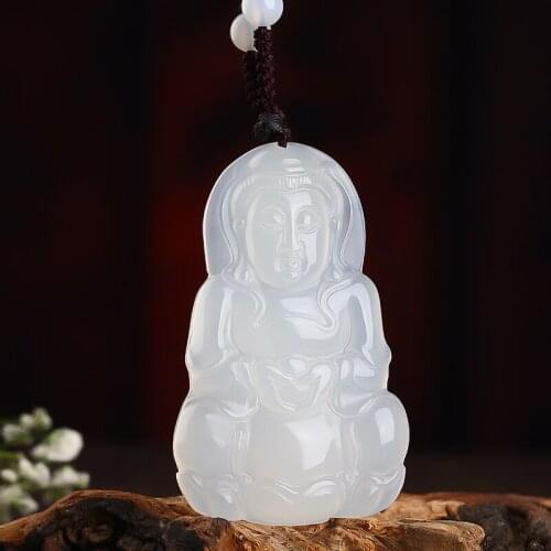 Koraba Iced Guanyin Tathagata Buddha White Jade Pendant Necklace Chain Genuine Grade A Jadeite Jade Hand Crafted Necklace