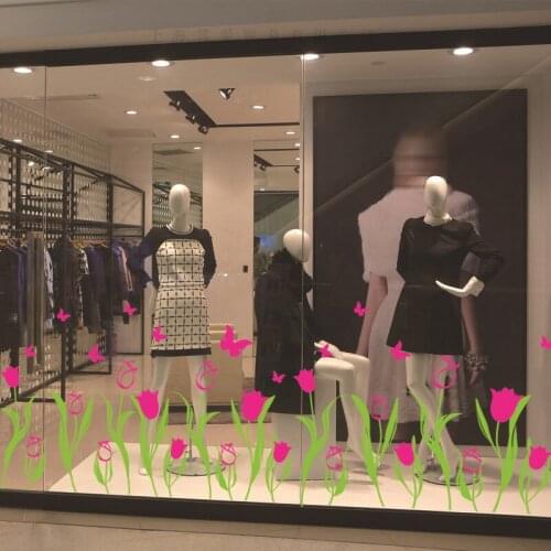 Rose red Tulips Flowers Window Stickers PVC Material Butterflies DIY Wall Decals for Living Room Shop Glass Window Decoration