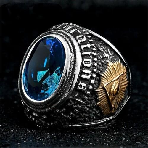 Mens Stainless Steel Gold Ram Freemason Masonic Sapphire Ring Size 7-14