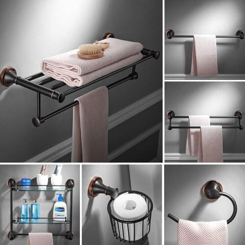 Bathroom Hardware Accessory Set Rose Gold & Black Soild Brass Towel Rack Paper/Toilet Brush Holder Corner Glass Shelf Soap Dish