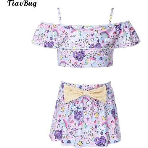 Summer 2Pcs Kids Girls Swimming Suit Spaghetti Strap Ruffle Hem Cropped Swimming Top And Bowknot Skirt With Built-In Briefs Suit