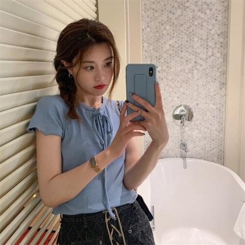 Solid Color Tie Casual Loose Ins Tshirt Womens T-shirts Tops Japanese Kawaii Ulzzang Female Korean Harajuku Clothes For Women