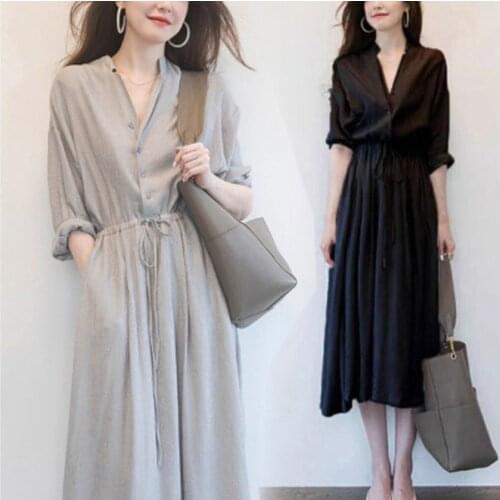 2021 Womens Spring And Autumn New Slim Thin Temperament V-Neck Dress Design Sense Of Mid-Length Shirt Skirt Vfemage Vestido