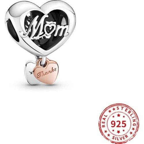 Real 925 Sterling Silver Beads Thanks Mom Heart bead Charms Fit Original Pan Charm Bracelet Jewelry making